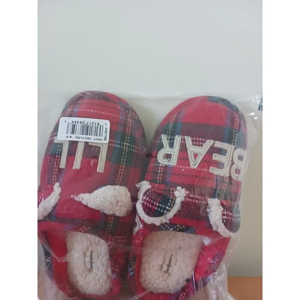 Dearfoams Lil Bear Slippers Girls 4-5 Blue Red Plaid Memory Foam